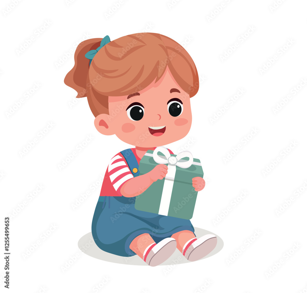 cute happy baby girl is sitting with gift