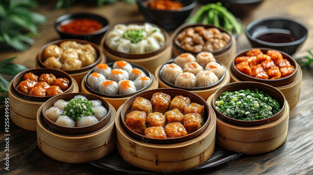 Chinese food dim sum set with bamboo steamers and sauces on a traditional table Chinese food dim sum set with bamboo steamers and sauces on a traditional table