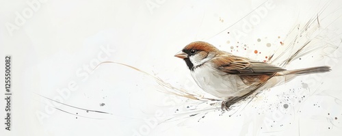 Artistic sparrow illustration capturing bird in flight with abstract elements