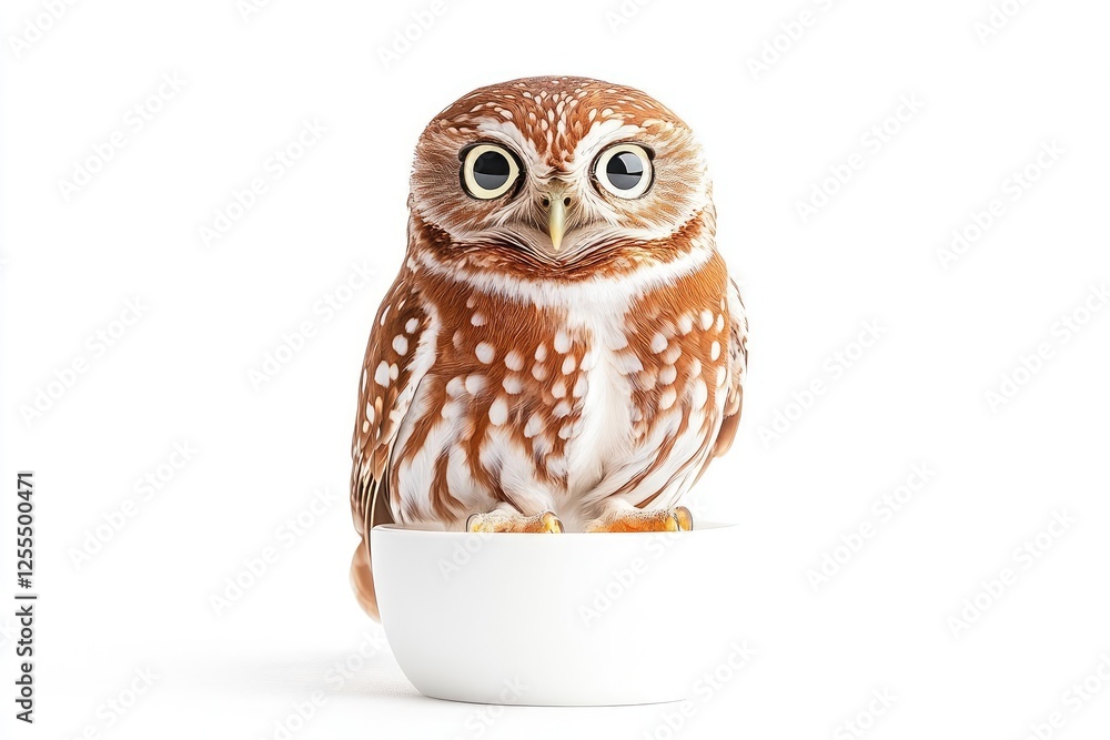 Fototapeta premium Close-up of a small owl perched in a white bowl, showcasing its unique features