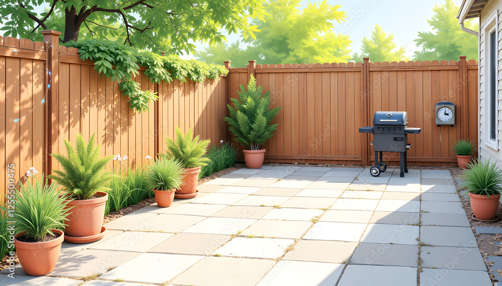 Inviting watercolor illustration of backyard patio with rustic wooden fence, potted plants, and grill Inviting watercolor illustration of backyard patio with rustic wooden fence, potted plants, and grill