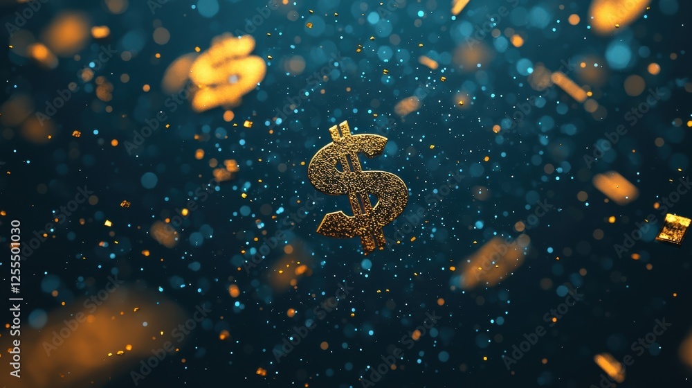 Naklejka premium A vibrant swirl of golden dollar signs amidst shimmering particles, symbolizing wealth and prosperity in a digital context.