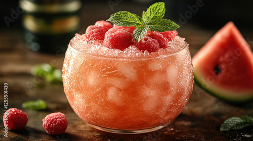 Cocktail featuring a watermelon cooler served in a carved-out watermelon bowl photo