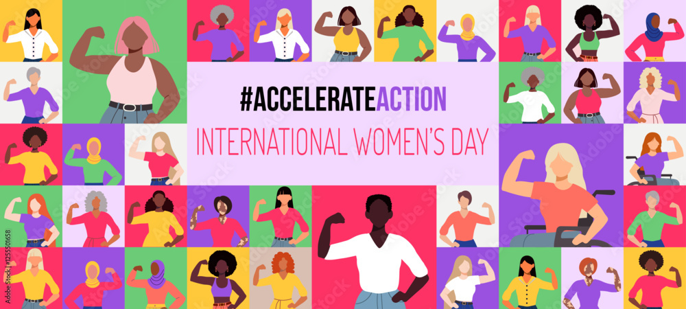 A poster for International Women's Day featuring a collage of women with the slogan A poster for International Women's Day featuring a collage of women with the slogan