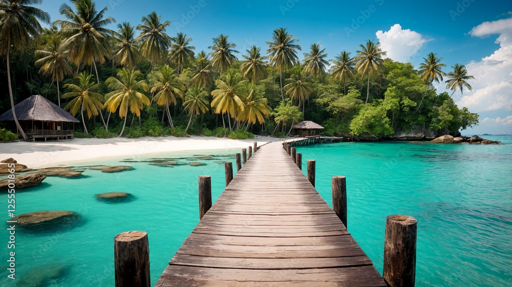 Fototapeta premium Paradise Beach with Turquoise Water and a Wooden Pier