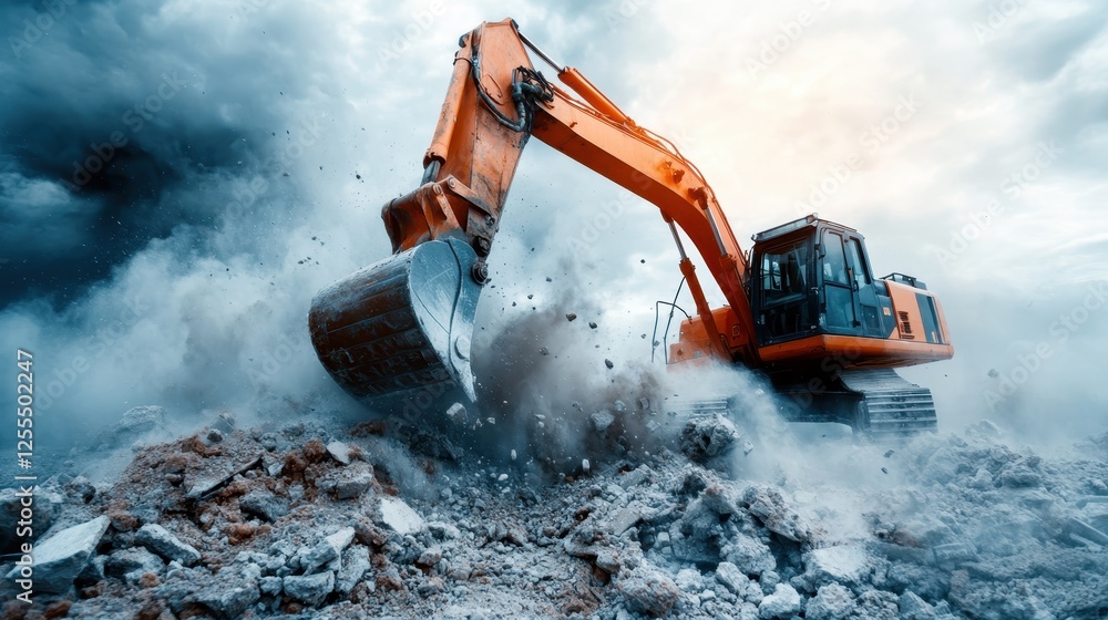 An excavator digs into rocky terrain, sending up clouds of dust and debris, showcasing the powerful machinery at work in a construction site setting. An excavator digs into rocky terrain, sending up clouds of dust and debris, showcasing the powerful machinery at work in a construction site setting.