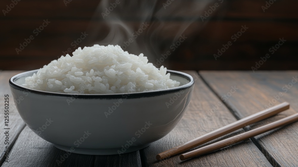 Close-up of a bowl of steaming rice. Placed on a wooden table with chopsticks beside it. Emphasizing the texture and fluffiness of the rice. Ideal for food blogs and recipes.