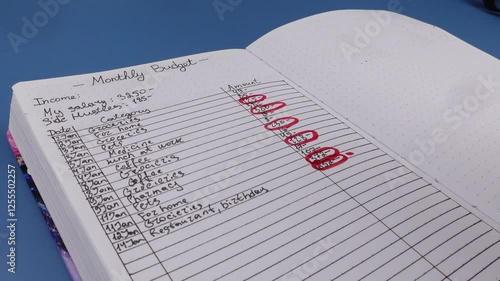 Open daily planner notebook on desk, with neatly handwritten organized Monthly Budget tracking. With dates, categories and expenses. Personal finance management, spending and budgeting habits concept.