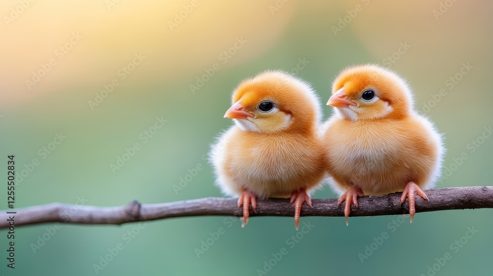 Two fluffy yellow chicks sit closely together on a branch, showcasing their bright colors and innocent charm in nature's soft sunlight backdrop. Two fluffy yellow chicks sit closely together on a branch, showcasing their bright colors and innocent charm in nature's soft sunlight backdrop.
