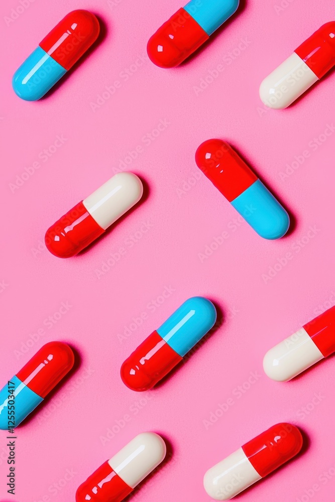 Colorful capsules scattered on a vibrant pink background, showcasing a playful and lively pharmaceutical theme. Colorful capsules scattered on a vibrant pink background, showcasing a playful and lively pharmaceutical theme.