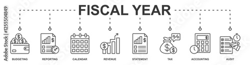 fiscal year banner web icon sheet vector illustration concept with icon of budgeting, reporting, calendar, revenue, statement, tax, accounting, audit