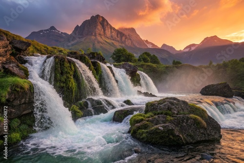 Double Exposure: Majestic Mountains Embrace Serene Waterfall - Nature Photography Art