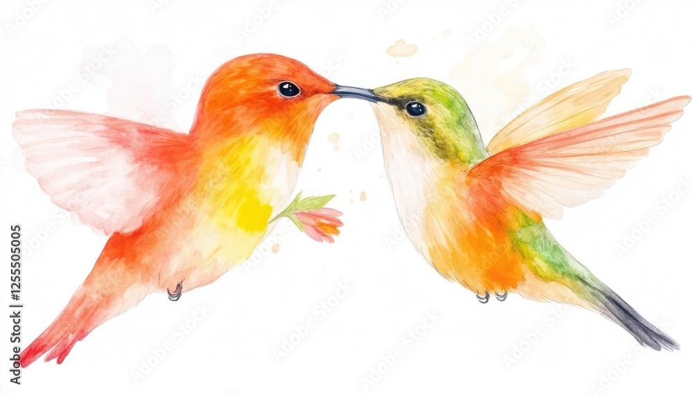 Obraz premium Two colorful hummingbirds sharing a moment, surrounded by soft watercolor splashes