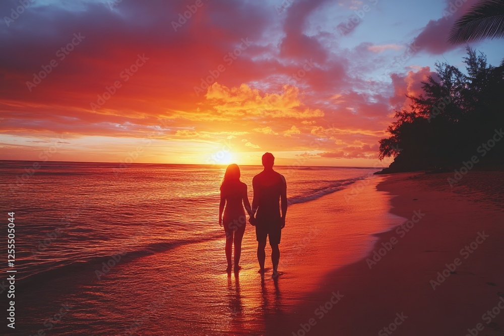 Silhouetted couple holding hands on a beach at sunset, enjoying a romantic moment. Silhouetted couple holding hands on a beach at sunset, enjoying a romantic moment.