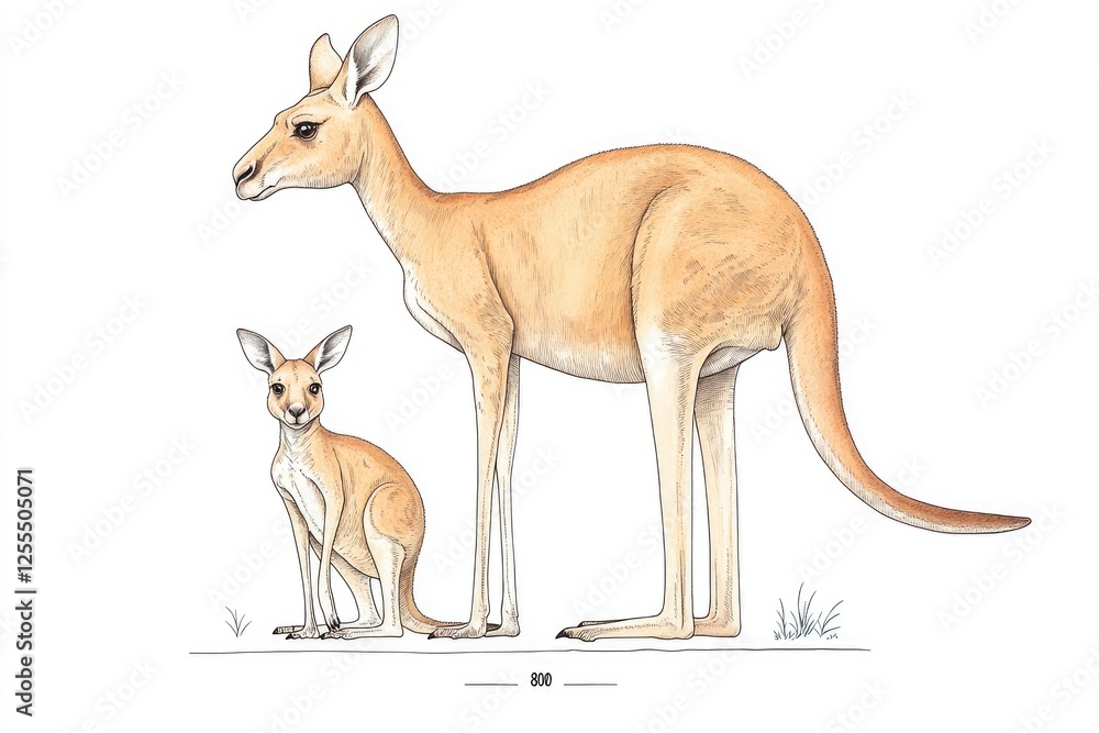 Illustration of a kangaroo and joey standing in a natural setting Illustration of a kangaroo and joey standing in a natural setting