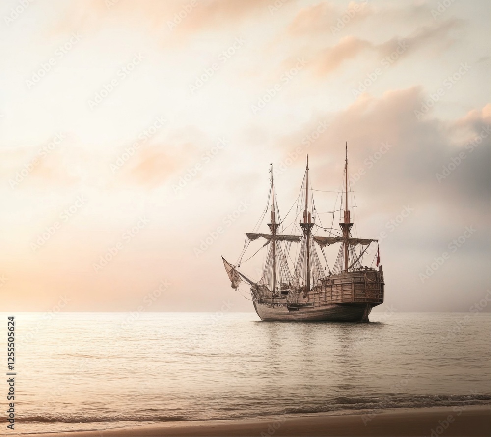 Classic Tall Ship Sailing Calm Waters Under a Soft Sky at Sunset Historical Exploration Voyage Classic Tall Ship Sailing Calm Waters Under a Soft Sky at Sunset Historical Exploration Voyage