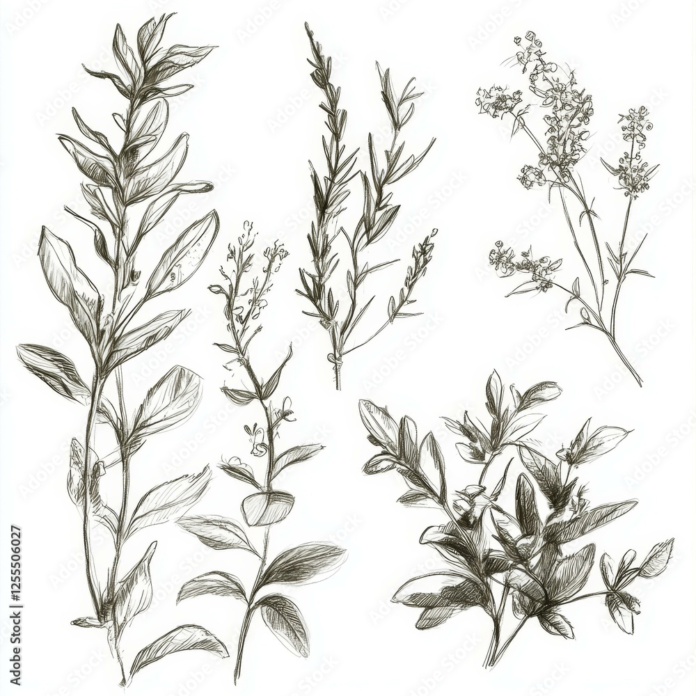 Fototapeta premium Botanical Herbs and Leaves Collection featuring Sage Rosemary and Lavender Sketches on White Background