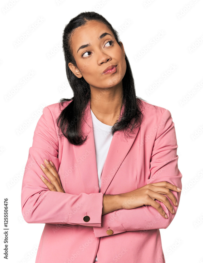 Young Filipina in pink suit dreaming of achieving goals and purposes Young Filipina in pink suit dreaming of achieving goals and purposes