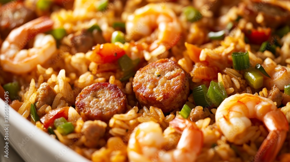 Close-up of rice and American jambalaya with sausage and shrimp in a traditional American serving bowl, emphasizing spicy and hearty qualities. Ideal for American cuisine and hearty meals. Close-up of rice and American jambalaya with sausage and shrimp in a traditional American serving bowl, emphasizing spicy and hearty qualities. Ideal for American cuisine and hearty meals.