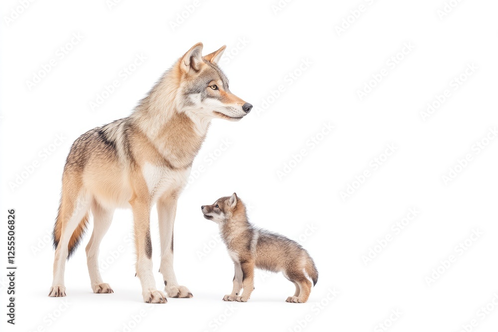 Fototapeta premium Adult wolf standing beside a curious wolf pup on a white background