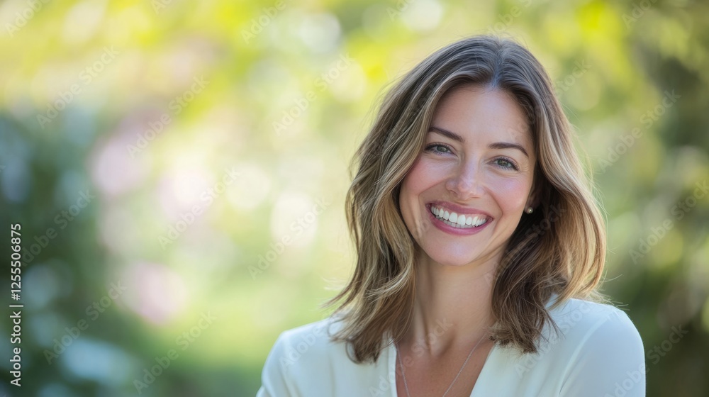 A joyful woman smiles warmly, radiating happiness and positivity A joyful woman smiles warmly, radiating happiness and positivity