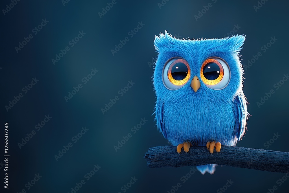 Cute blue owl perched on a branch in a serene, softly lit forest background Cute blue owl perched on a branch in a serene, softly lit forest background