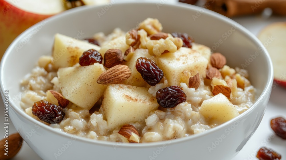 Close-up of rice and apple cinnamon porridge with nuts and raisins in a white bowl, emphasizing sweet and wholesome nature. Ideal for breakfast and cozy meals. Close-up of rice and apple cinnamon porridge with nuts and raisins in a white bowl, emphasizing sweet and wholesome nature. Ideal for breakfast and cozy meals.