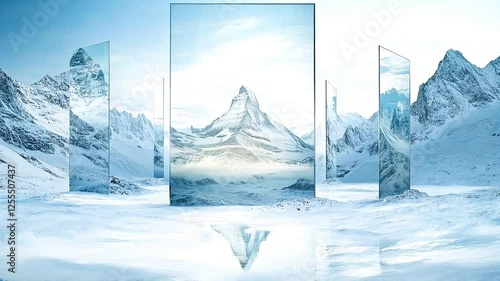 The camera slowly advances, reflecting snow-capped mountains in clear mirrors, blending fantasy with reality, revealing grandeur in tranquility