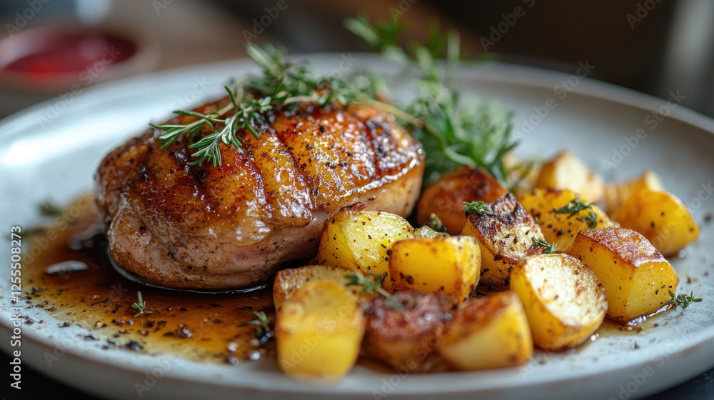 French food featuring duck confit plated with fresh greens and roasted potatoes French food featuring duck confit plated with fresh greens and roasted potatoes
