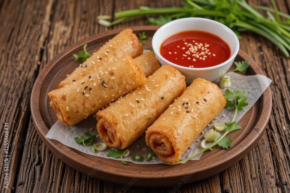 Four Asian Spring Rolls with Sesame Seeds and Spicy Dipping Sauce Four Asian Spring Rolls with Sesame Seeds and Spicy Dipping Sauce
