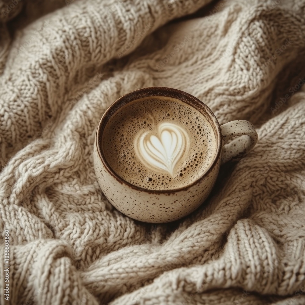 Cozy Latte on Knit Blanket, Autumn Warmth Cozy Latte on Knit Blanket, Autumn Warmth