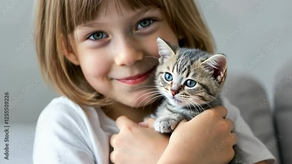 Little girl gently cuddling a curious kitten with joyful expression and tender affection Little girl gently cuddling a curious kitten with joyful expression and tender affection