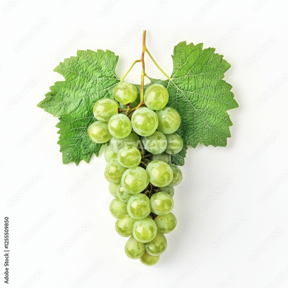 Obraz premium Fresh Green Grapes with Leaves on White Background