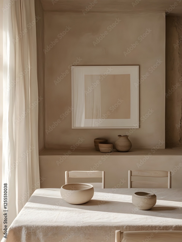 A soft beige Japandi dining space with handcrafted ceramics and a white frame as a focal point. A soft beige Japandi dining space with handcrafted ceramics and a white frame as a focal point.