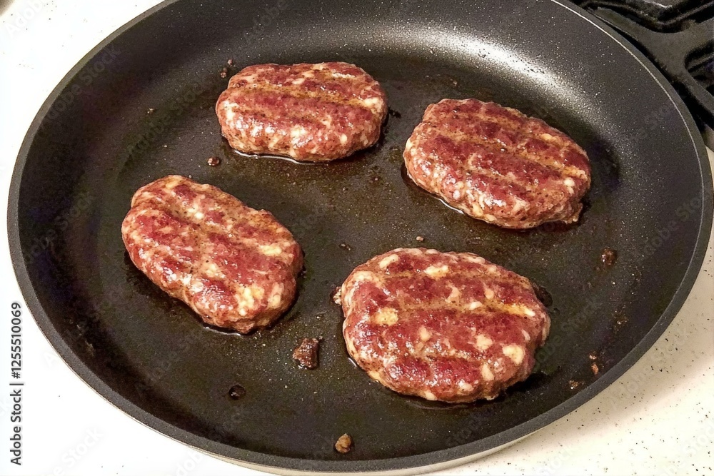 Ground Beef Patties Sizzling in a Non Stick Pan Cooking Process on a Stove Top Surface Close Up Ground Beef Patties Sizzling in a Non Stick Pan Cooking Process on a Stove Top Surface Close Up