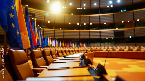 Council Chamber:  A wide shot of an empty council chamber, featuring rows of empty leather chairs arranged in a semi-circle around a central table.  National flags stand to attention along the walls. photo