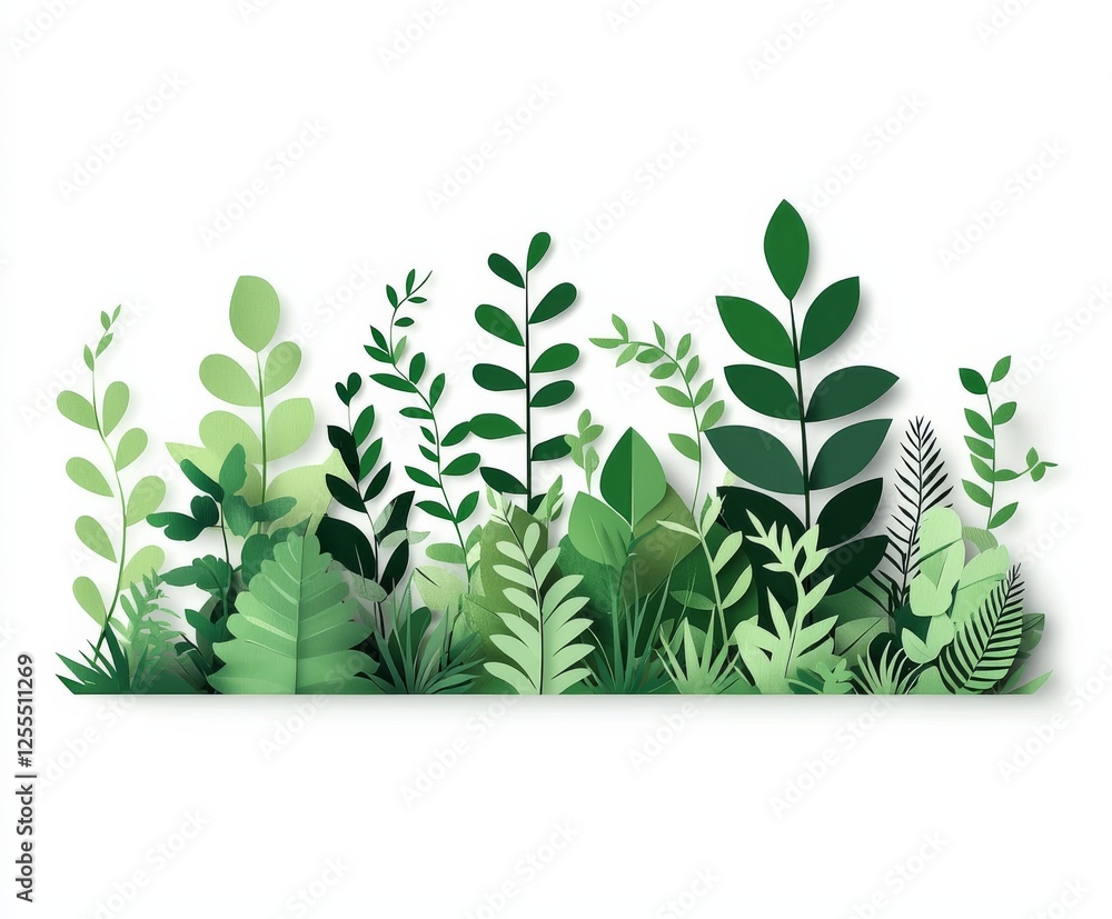 Obraz premium Paper Cutout Greenery: A vibrant collection of paper-cut leaves and plants creates a lush, green border, perfect for adding a touch of nature to any design. 