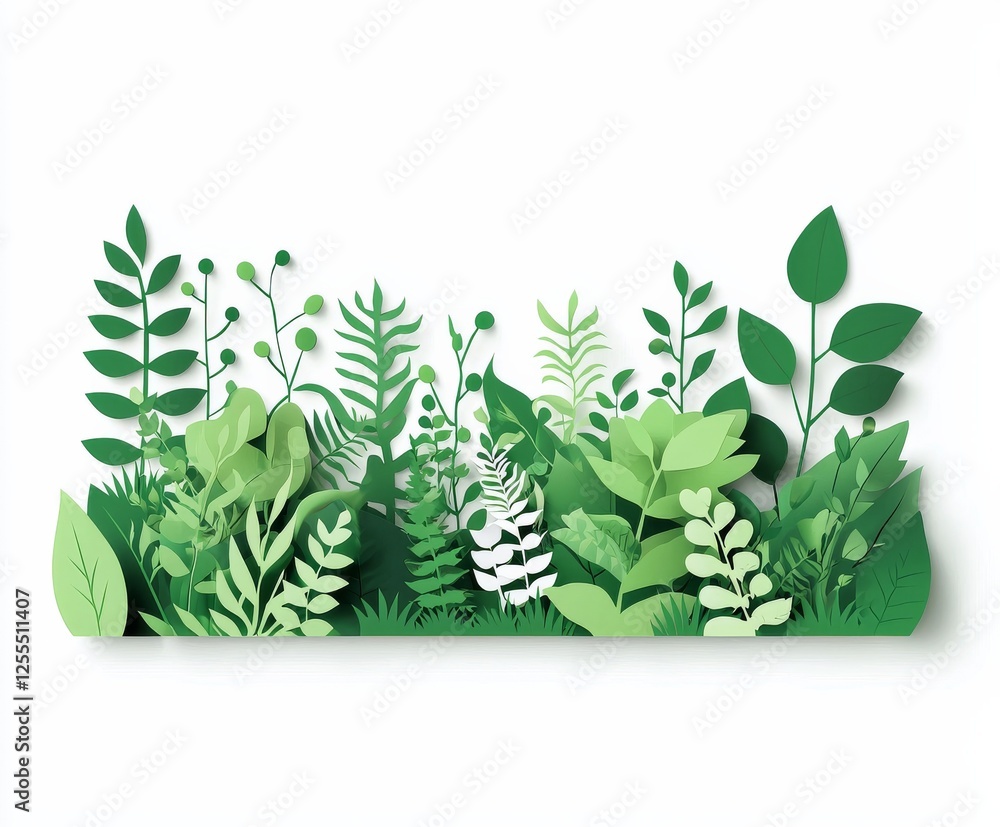 Obraz premium Paper Cut Green Foliage: A vibrant collection of intricately cut paper leaves and plants creates a lush, green border, showcasing the beauty of nature through an artistic, paper craft design.