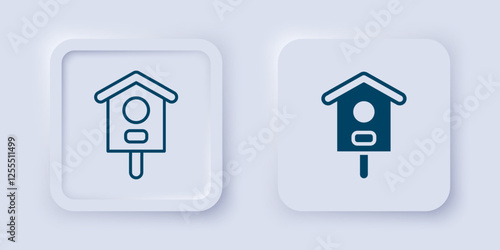 Filled and outline Bird house icon isolated on grey background. Nesting box birdhouse, homemade building for birds. Square button. Vector
