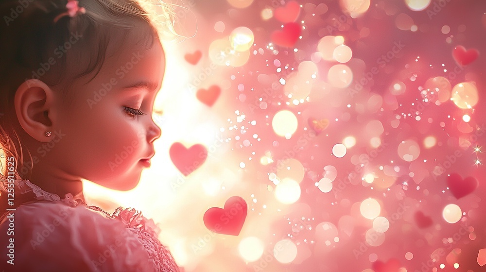 Little girl with hearts glowing softly in the background during a dreamy moment of childhood innocence Little girl with hearts glowing softly in the background during a dreamy moment of childhood innocence