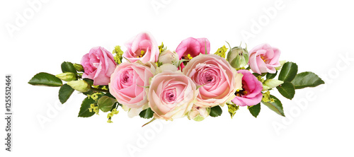 Pink roses and eustoma flowers with yellow limonium in a line floral arrangement isolated on white or transparent background photo