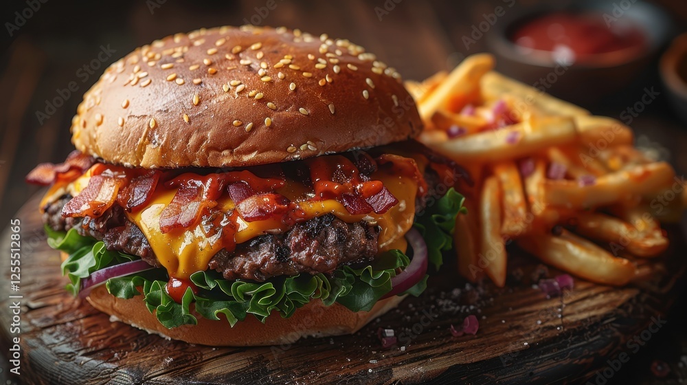 A juicy cheeseburger with melted cheese, crispy bacon, and a side of golden fries, ultra-detailed A juicy cheeseburger with melted cheese, crispy bacon, and a side of golden fries, ultra-detailed