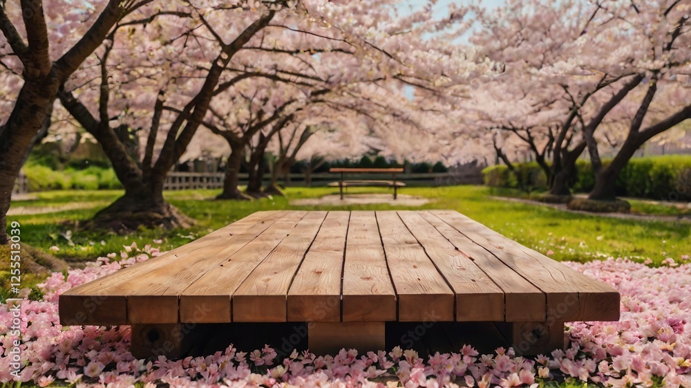 Fototapeta premium Wooden Platform Amidst Blooming Cherry Blossoms in a Spring Garden