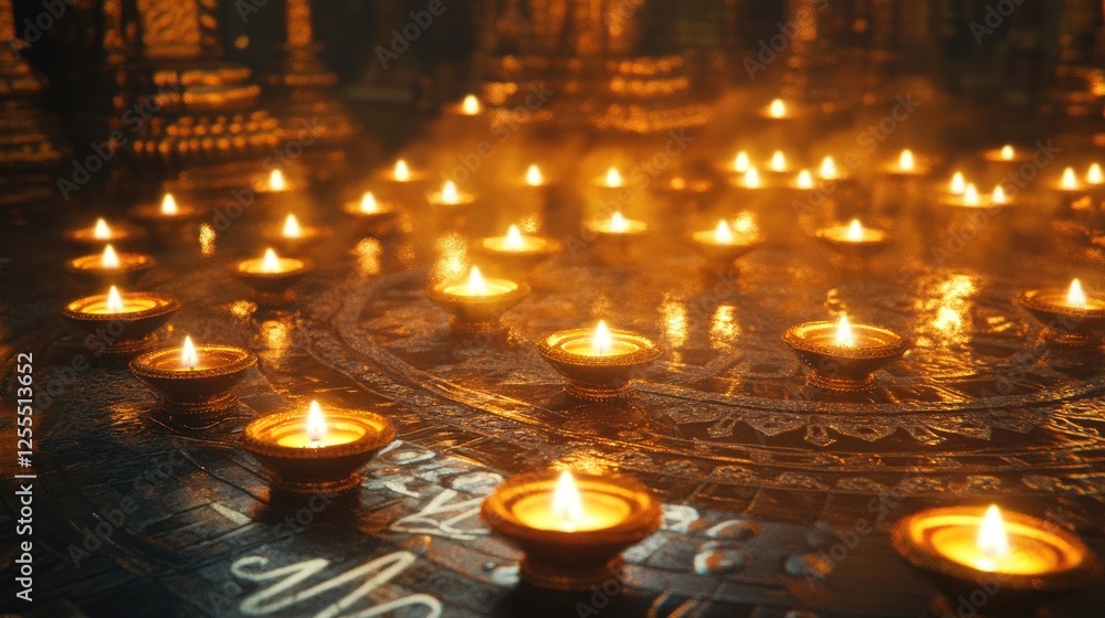 A captivating display of diya lamps, their golden light filling the temple area with warmth and serenity, surrounded by intricate patterns A captivating display of diya lamps, their golden light filling the temple area with warmth and serenity, surrounded by intricate patterns