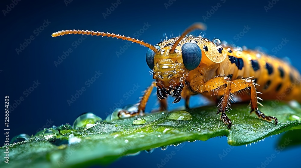 Naklejka premium Dramatic Close up Macro Photography of a Voracious Tomato Hornworm Caterpillar Devouring and Feasting on a Lush Green Tomato Leaf in a Garden or Natural Environment