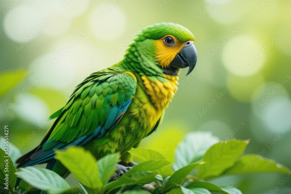 Yellow-lored Amazon Parrot Perched on Green Leaves Yellow-lored Amazon Parrot Perched on Green Leaves