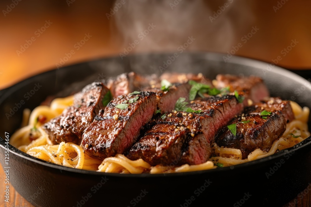 This image captures a sizzling steak resting on creamy pasta, garnished with fresh herbs, all presented in a cast iron skillet, showcasing the artistry of home cooking. This image captures a sizzling steak resting on creamy pasta, garnished with fresh herbs, all presented in a cast iron skillet, showcasing the artistry of home cooking.