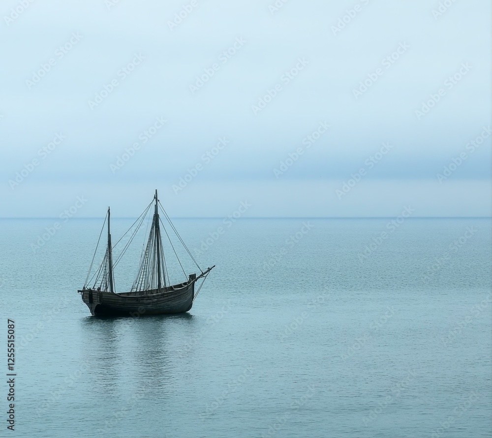 Solitary Vessel Drifting on Calm Waters Under a Pale Sky An Image of Tranquility and Reflection Solitary Vessel Drifting on Calm Waters Under a Pale Sky An Image of Tranquility and Reflection