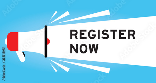 Color megaphone icon with word register now in white banner on blue background