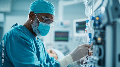 Doctor carefully adjusting dialysis tubes, patient resting in the background, professional hospital setting, clean and sterile, copy-friendly layout photo